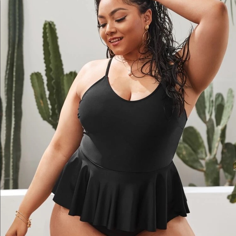 SHEIN plus size one piece black peplum swimsuit.